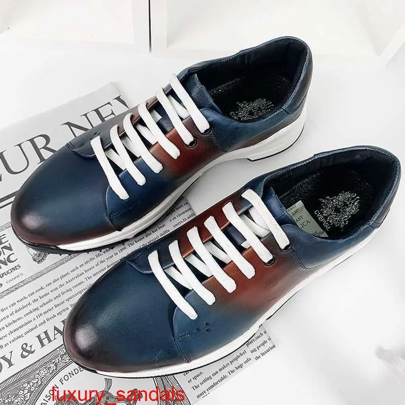 Playoff Leather Sneaker Berluti Men's Casual Shoes äkta läder Toppskikt Kohude Men's Casual Shoes samma anti Slip Golf Sole Sports Leather Shoes HB4P