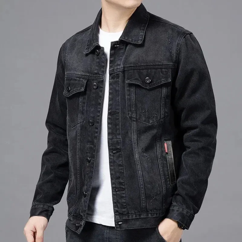 Giacca da uomo in denim nero streetwear primavera autunno vintage casual maniche lunghe top moda colletto rovesciato cappotto allentato 240109