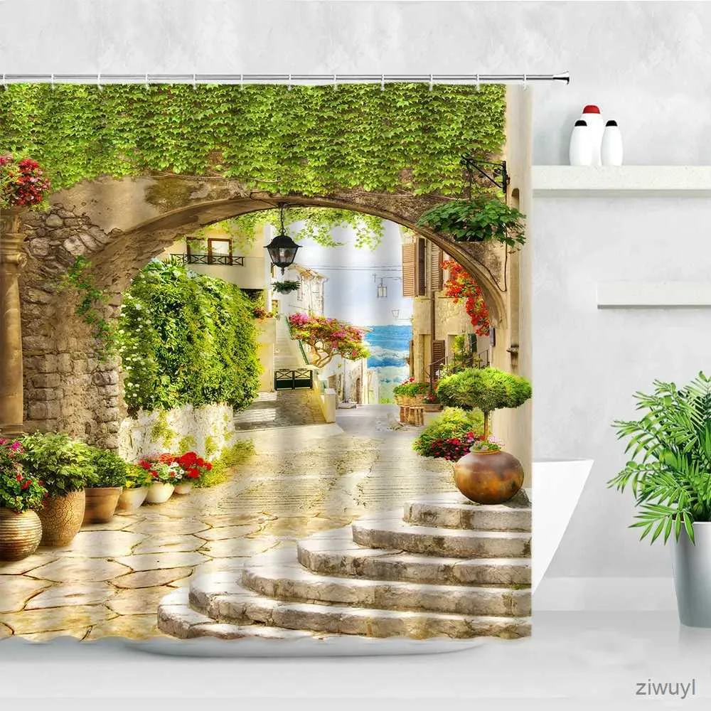 Shower Curtains Oil Painting Flower Town Building Street Scenery Garden Background Wall Decor Cloth Shower Curtains Home Decor Bathroom Curtain