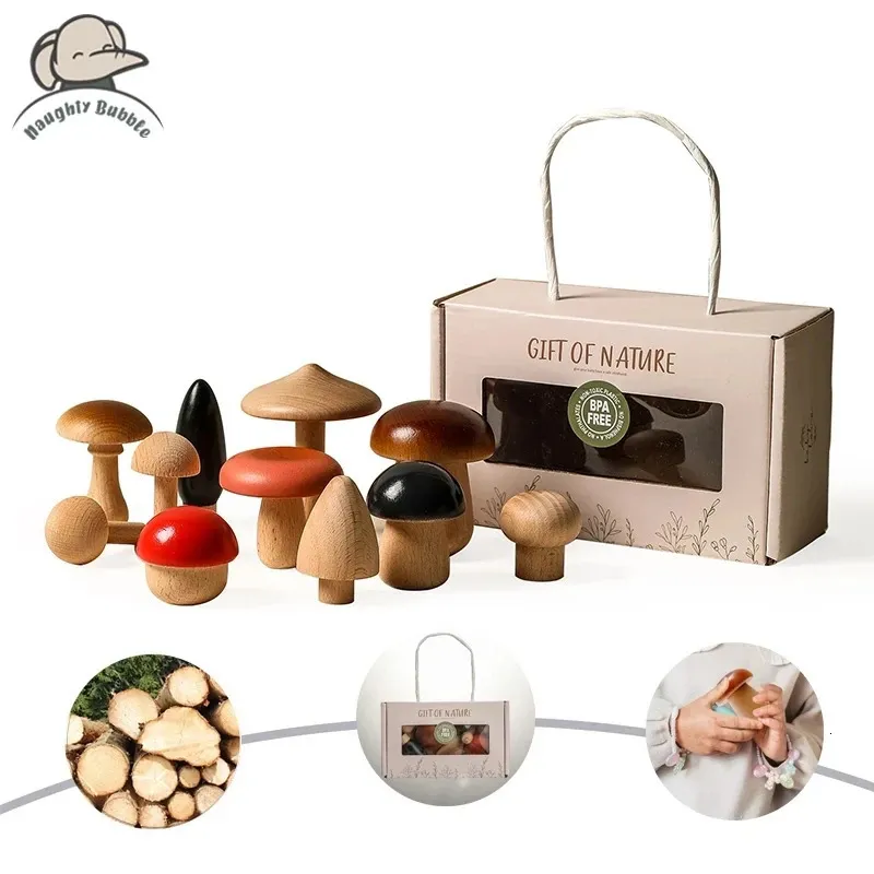 1Set Wood Mushroom Blocks for Children Montessori Educational Wooden Toys Safety Kitchen Utensils Baby Grasp Matching Toy 240110