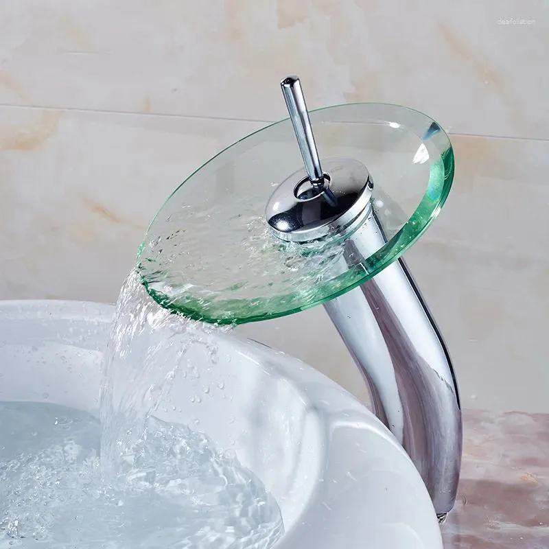 Badrumsvaskar kranar 1pc high end all koppar kall och vattenfall glas kran med en hålskåp konst förhöjd