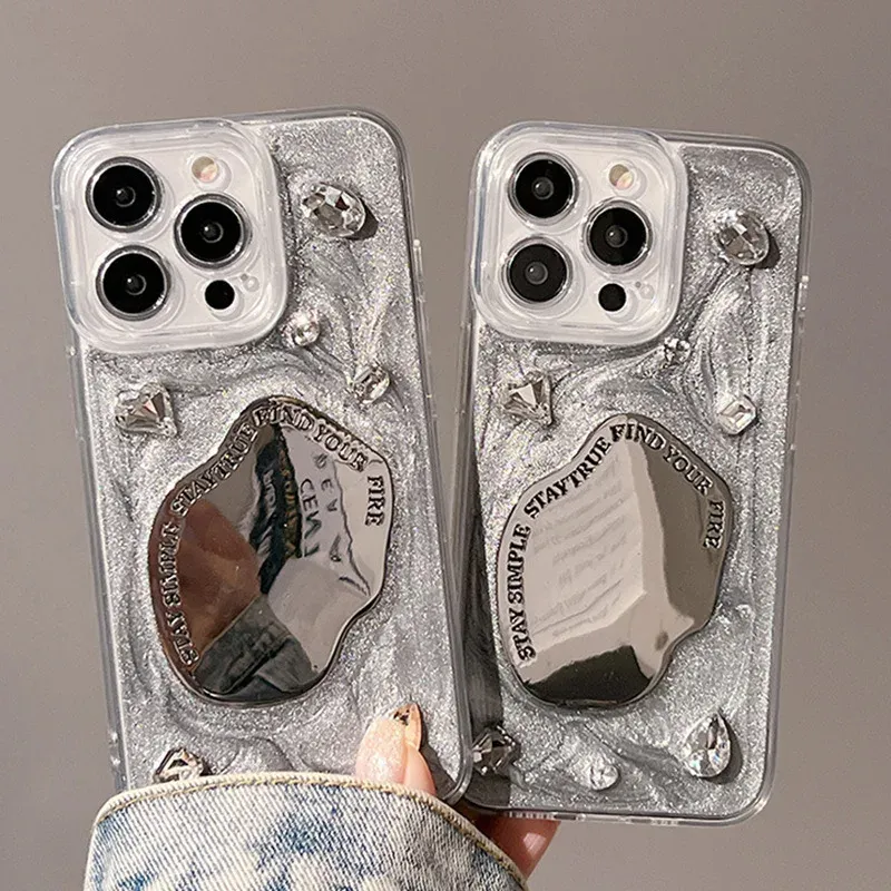 İPhone 15 14 için Epoksi Rhinestone Düzensiz Ayna Telefon Kılıfı 11 12 13 Pro Max Yumuşak Gümüş Metal Doku Telefon Kapağı 100 PCS