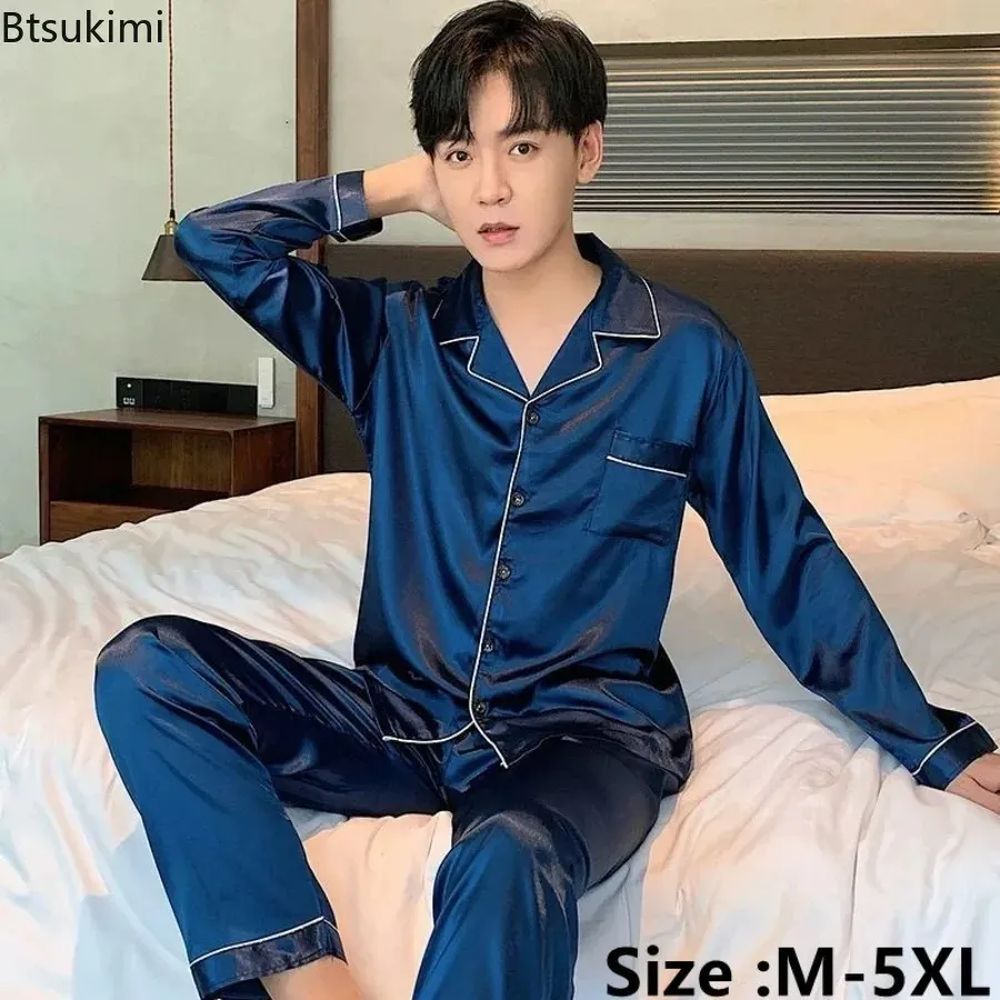 Mense Casual Sleepwear Silk Satin Pyjamas Pants Set Long Buttondown Pyjamas Suit Pijama Male Loungewear Plus Size PJ 240110