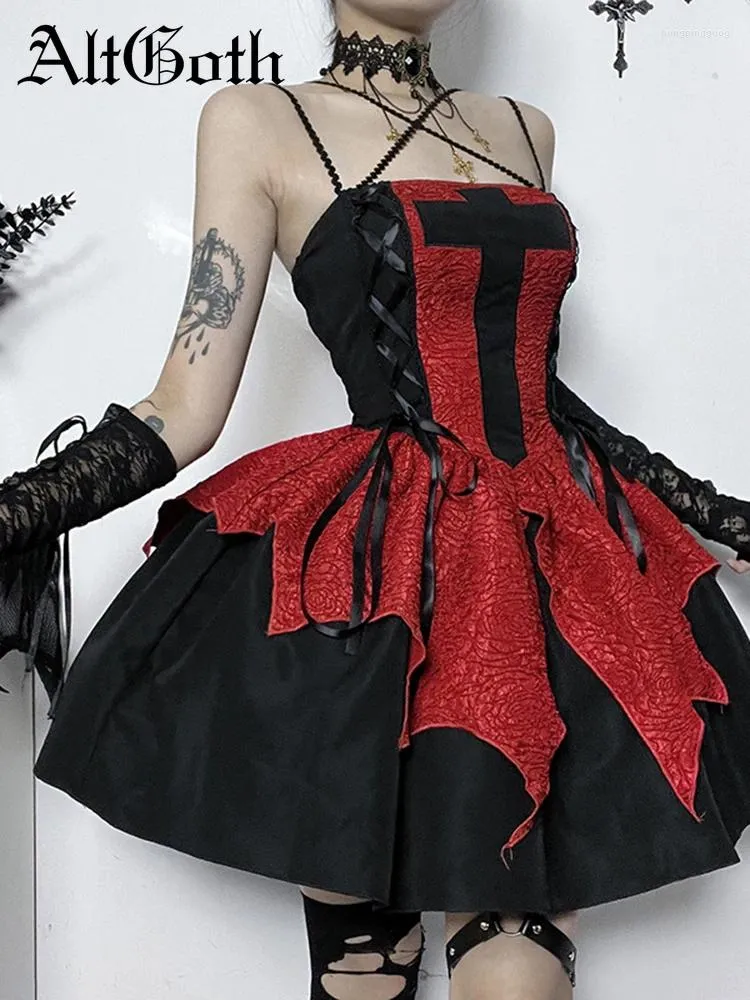 Casual Dresses AltGoth Sweet Mall Goth Lolita Dress Women Vintage Y2k Cyber Punk Aesthetic Red Patchwork Cross Printed Lace-up Corset