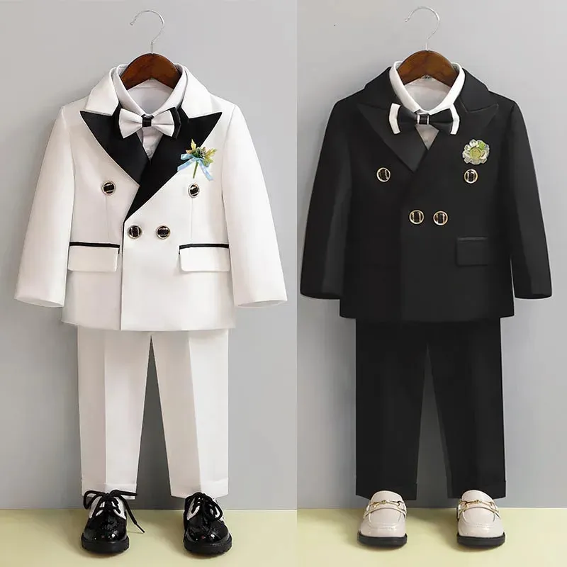 Boy Formal Suit Flower Children Wedding Dress White Baby First Birthday Set Infant Performance Costume Kids Blazer Pants Outfits 240109