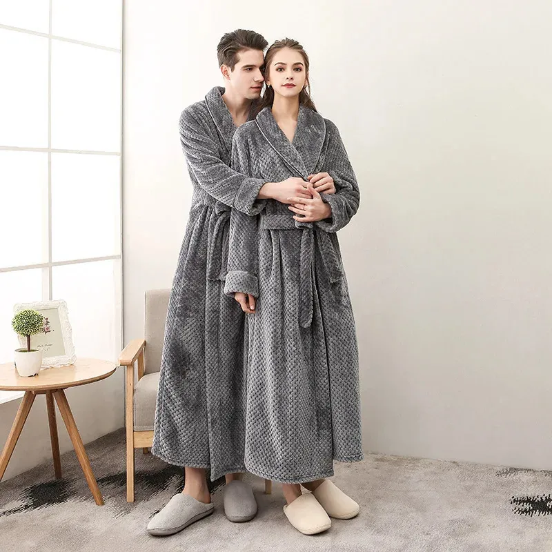 Autumn and Winter Season Home Plush Soft and Comfortable Couple Pajamas Men's Thick Large Bathrobe Extended White Pajamas 240110