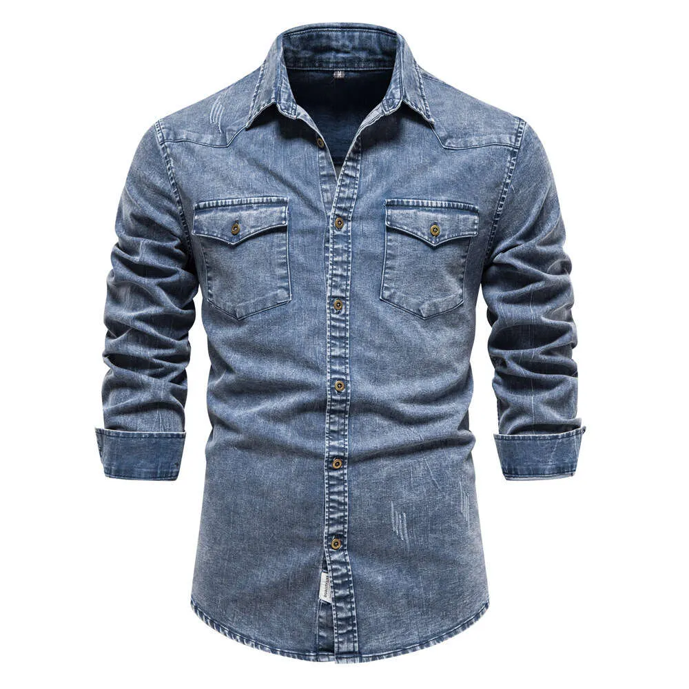 Jesień i zima nowa europejska rozmiar męskiej mody dżinsowej koszuli wysokiej jakości przemysł ciężki umyta stara koszula męska