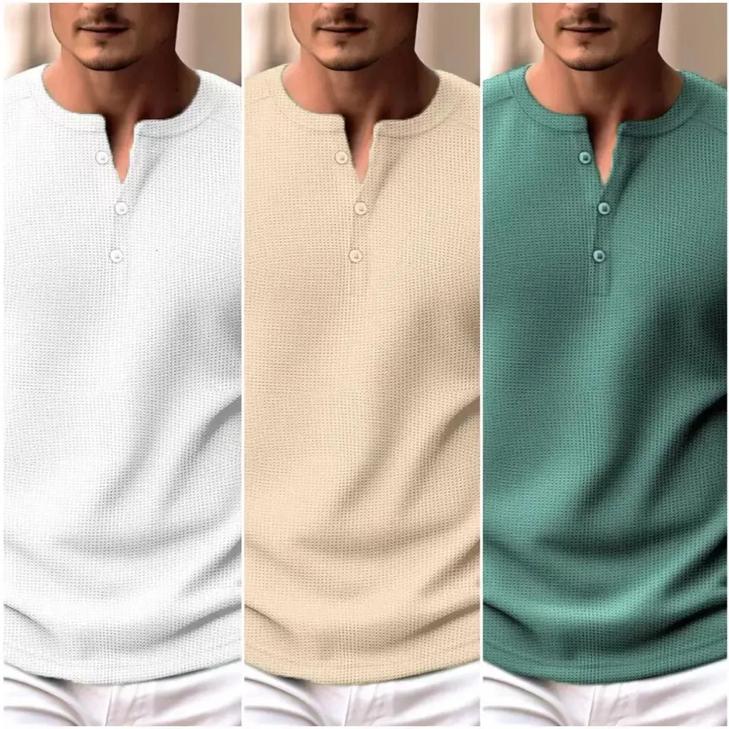 Spring Solid Color Slim Fit Long Sleeve T-Shirt Men's Henley Neck Breattable Sports Coat Waffle Cotton Lång ärm 240109