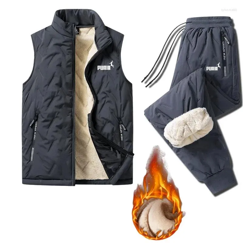 Jaquetas masculinas inverno quente jaqueta de algodão grosso parker calças à prova dwaterproof água conjunto zíper casual sem mangas esportes ao ar livre