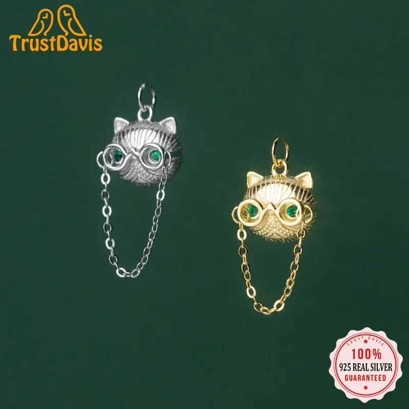 Pendants TrustDavis Real 925 Sterling Silver Fashion Hip Hop Cat Glasses CZ Charm Pendant Handmade DIY Accessories Fine Jewelry HY320