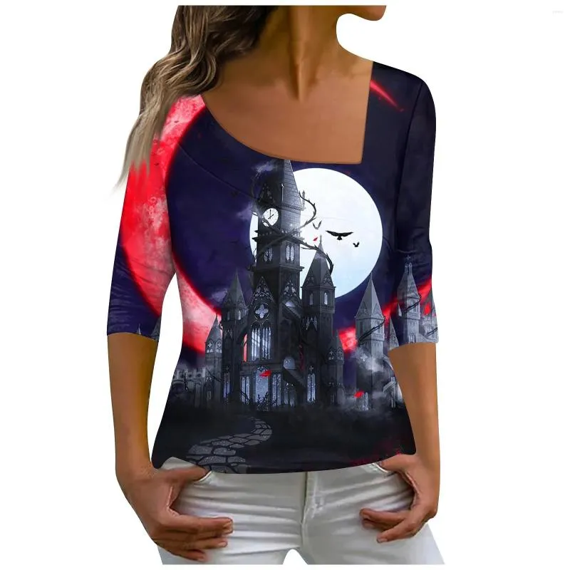 Women's T Shirts Halloween Skull Print Shirt Fashion Diagonal Collar Blouses Leisure Long Sleeve Pullover Tops Summer Oversized Tees