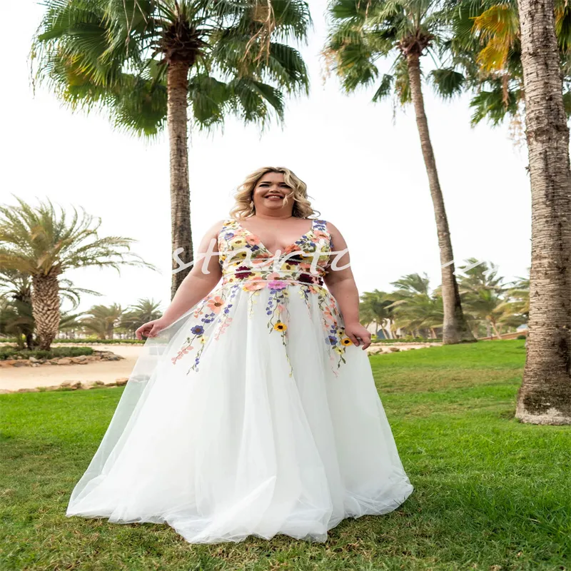 Grande taille fleurs colorées robe de mariée Mexica 2024 col en V profond une ligne pays jardin robe de mariée élégant corset à lacets Boho bohème robe de mariée Great Gatsby Novias