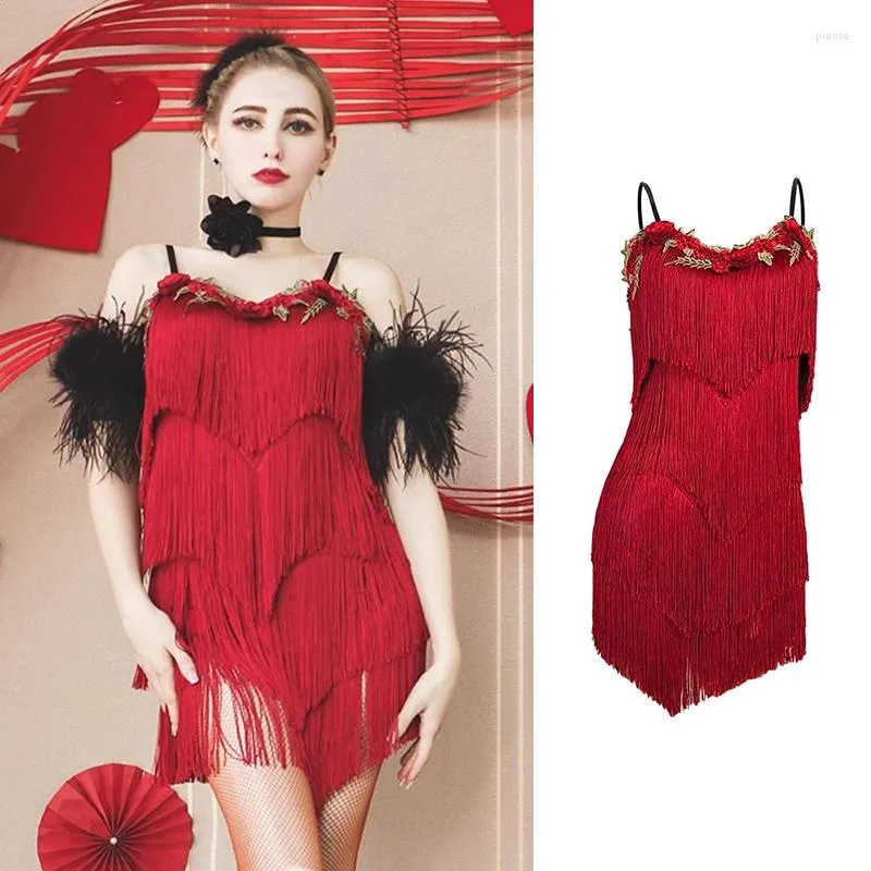 Stage Wear Red Fringe Latin Dance Dress Adult Women Competition Costume ChaCha Samba Rumba Dancing Performance Dresses VDB7879