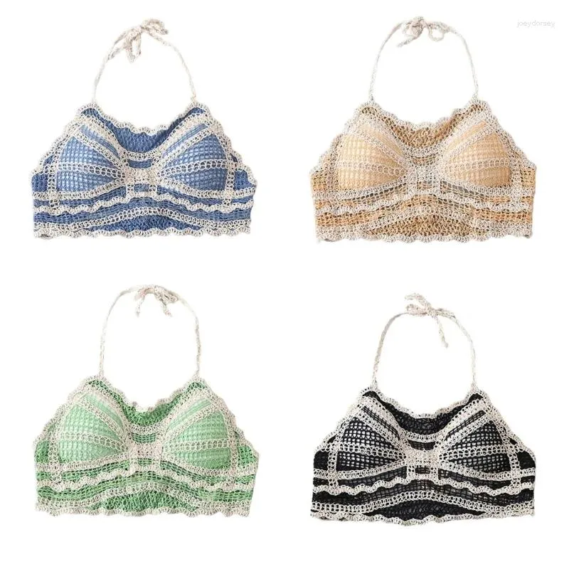 Tanques femininos Mulheres Bohemian Crochet Knit Colorblock Halter Bras Férias Acolchoado Bustier Top