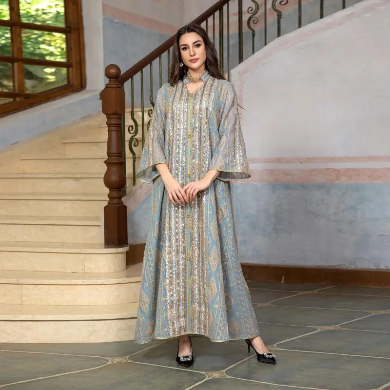 Ethnic Clothing Dubai Fashion Sequins broderi Abaya Chic och Elegant Women Evening Dress Long Sleeve Notched V-Neck Casual Robe 2024