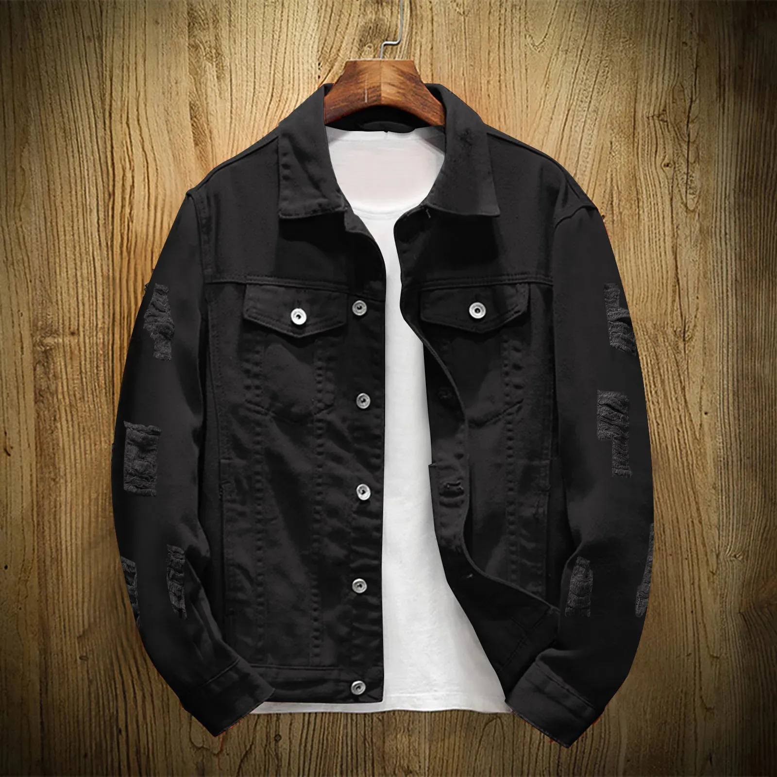 Mens ripped black denim jacket hotsell