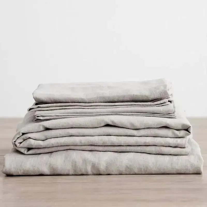 3PCS 100% Zestaw Linen Linen Arkusz Naturalny len z łóżkiem 2 Pillowase Bronable Miękki Beding Sheet Shead Sheat 240109