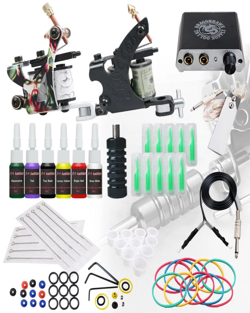 Kit complet de tatouage pour débutant, 2 mitrailleuses, encres, Mini alimentation D30565351826