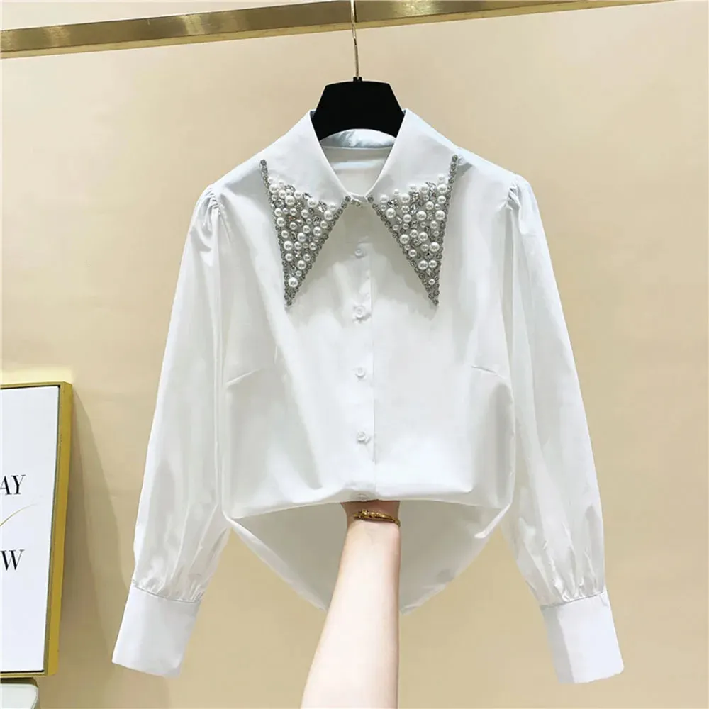 High Quality Pearls Diamonds Collar White Shirt Women Tops Mujer Spring Arrival OL Elegant Blouse Tops Camisas Mujer 240109