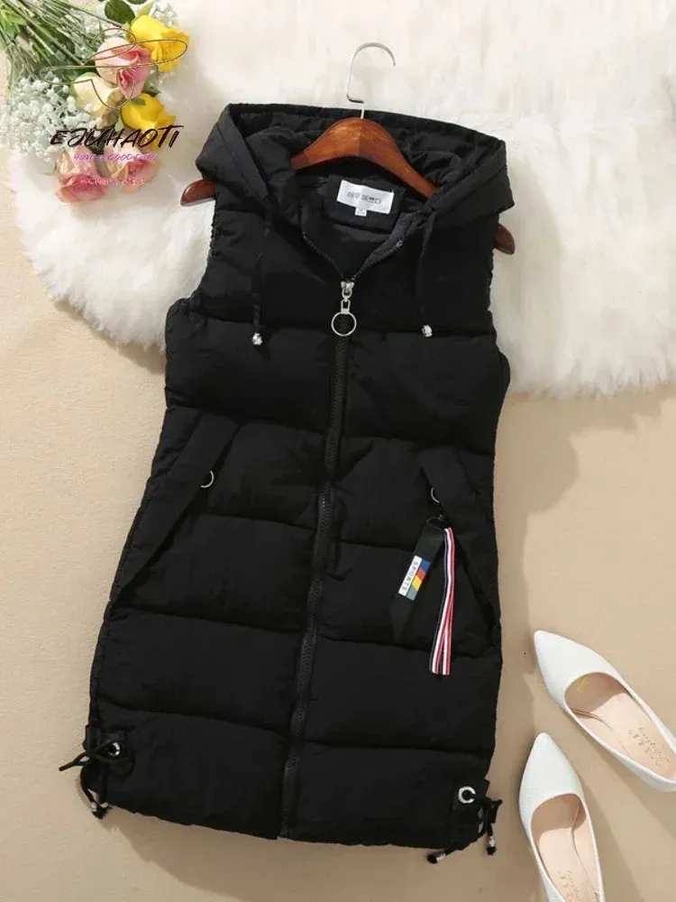 Gilet en duvet de coton pour femme, manteau sans manches, Version mi-longue, couleur unie, chaud, à capuche, mode coréenne, automne hiver, 240110