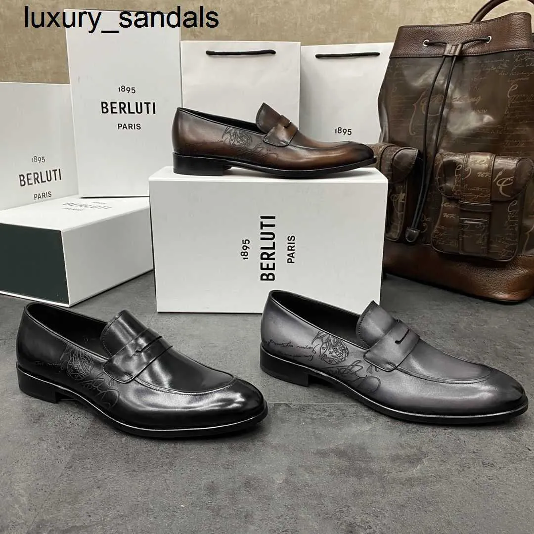 Berluti Business chaussures en cuir Oxford veau fait à la main de qualité supérieure BERLUTI poignée bleue formelle Lefu Laser tatouage Goodyear véritable outsolewq