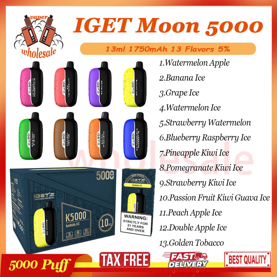 100% Origina Iget Moon 5000 Puff Caneta Vape descartável 1750mAh Bobina de malha recarregável 13ml Pod pré-preenchido Dispositivo vaporizador de nível 5% 5k Puffs E Cigarro 13 sabores em estoque