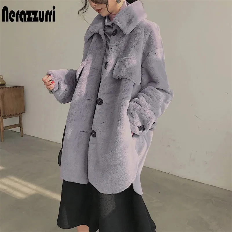 Nerazzurri Большие теплые мягкие пушистые пальто из искусственного меха для женщин, серая пушистая куртка на пуговицах с длинными рукавами, зимняя одежда для женщин 240110
