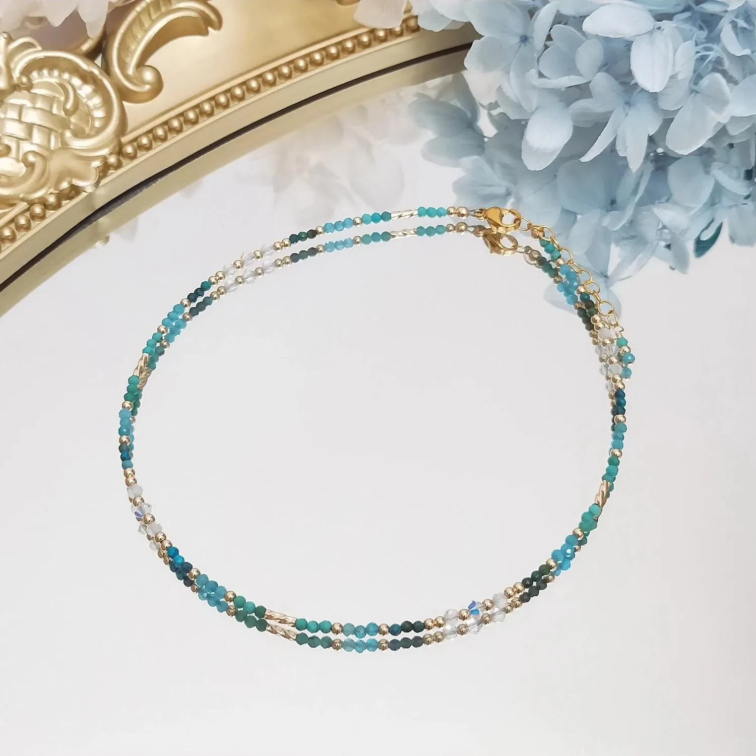 Anklets lii ji turkos apatit chrysocolla natursten 2mm amerikansk 14k guld fylld ankel 27+3 cm handgjorda smycken för kvinnor flickor