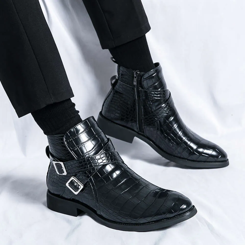 Rétro noir cheville homme mode moraillon fermeture éclair bout pointu hommes bottes à la mode Social haut robe en cuir chaussures pour hommes