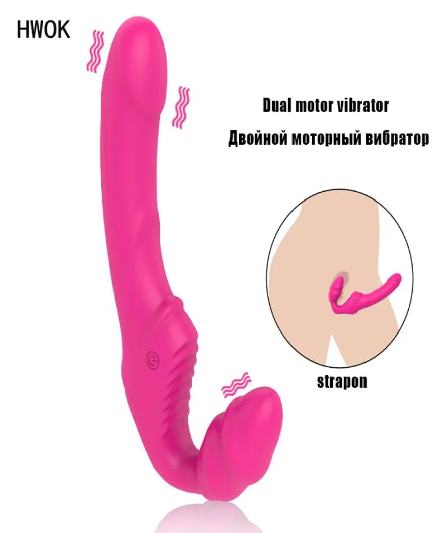 adulti Senza spalline strapon vibratore vibratore Donne 9 velocità doppia vibrazione lesbica G Spot giocattoli adulti del sesso in silicone per coppia femminile Y18818350