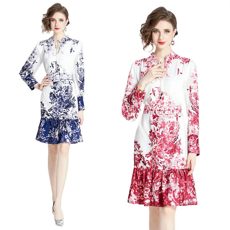 Mädchen Boutique Bedrucktes Kleid Langarm Rüschenkleid 2024 Frühling Herbst Blumenkleid High-End-Mode Dame V-Ausschnitt Kleider OL Runway Kleider
