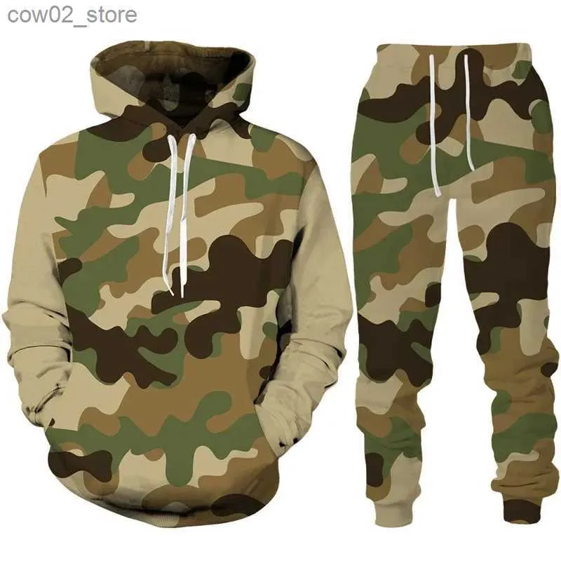 Herren-Trainingsanzüge, Camouflage, 3D-Druck, Trainingsanzug-Set, Mann, Frau, Kapuzenpullover + Hose, 2-teiliges Set, Outdoor-Fitness-Sportbekleidung, Übergröße, lässige Unisex-Kleidung, Q230110