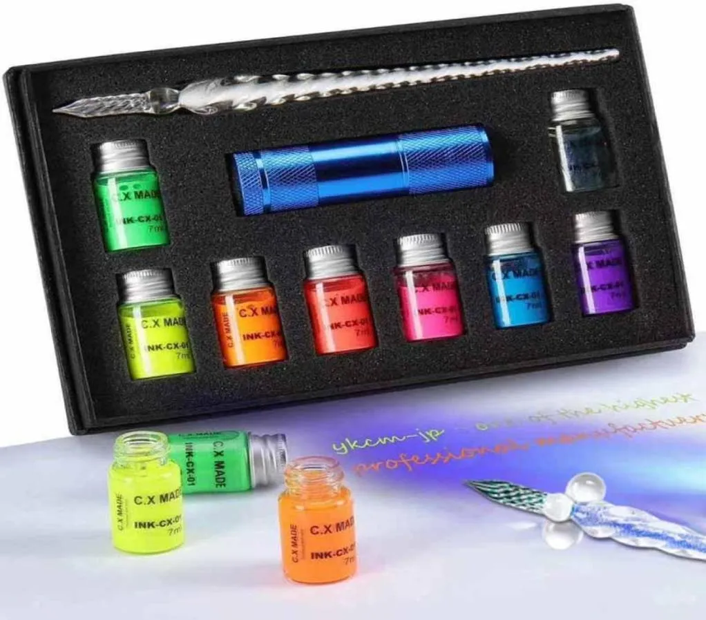 10 PCSBox Crystal Glass Pen med UV -lampa Invisibel fluorescensfärger Dip penna gåvor Stationer.