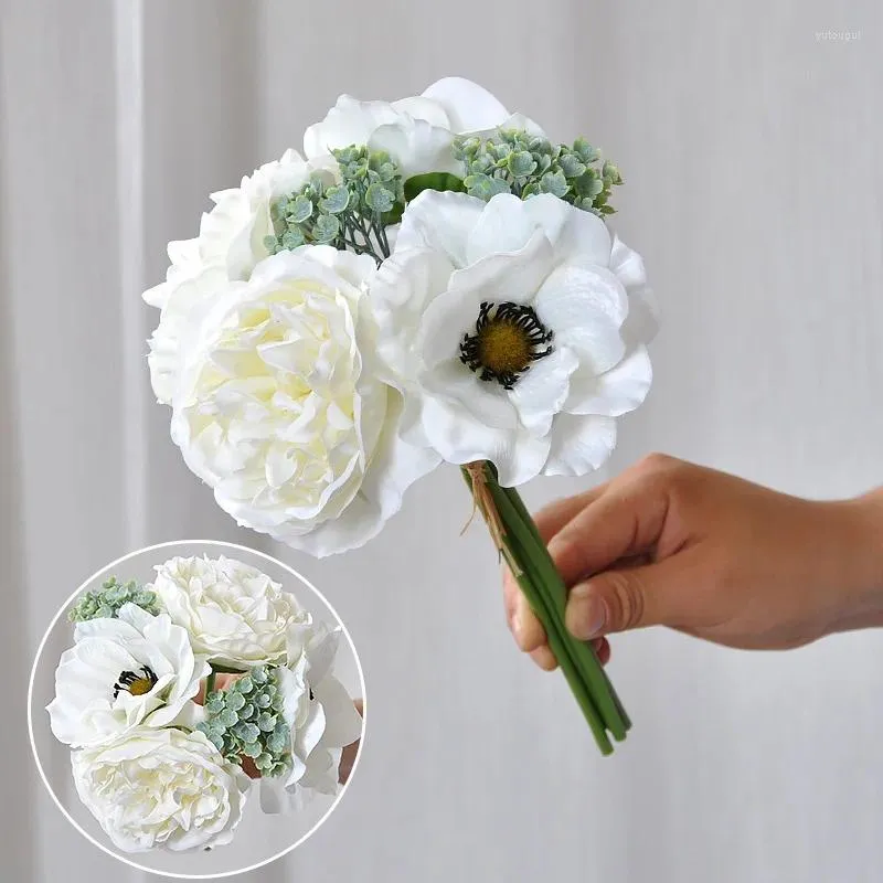 Decorative Flowers 1PC Simulation Wedding Decor Hand Bouquets Tie Anemone Peony Bouquet Pography Props Artificial