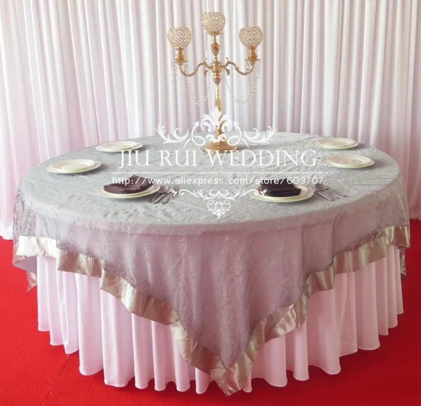 Élégance 90 pouces carré blanc flocage Organza Table superposition avec bord en satin blanc motif de gloire du matin Style pour Choice8570518