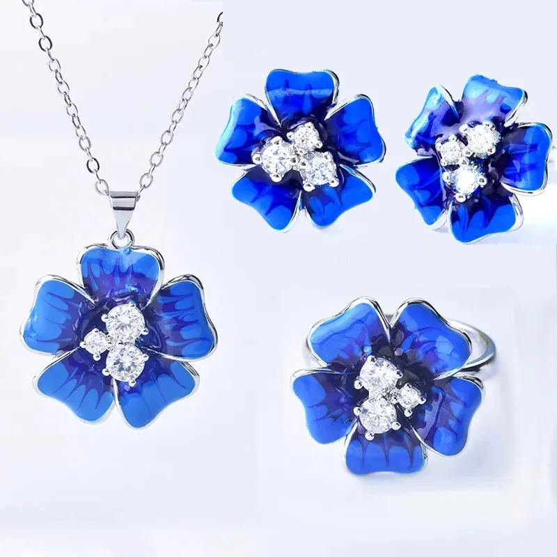 Sets KOFSAC 2020 Female Blue Enamel Flower Jewelry Set For Women Fashion 925 Silver Earrings Rings Necklace Set Lady Anniversary Gift