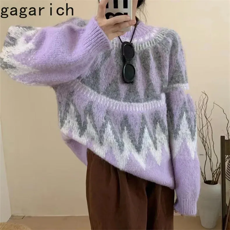 Gagarich coreano autunno inverno delicato color block maglione girocollo a quadri con diamanti allentato pullover sottile maglioni morbidi e appiccicosi Top 240109