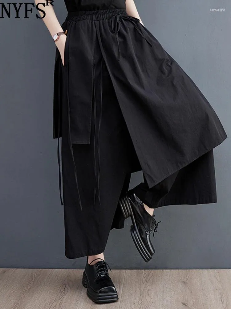 Women's Pants NYFS 2024 Spring Summer Women Black Pure Cotton Elastic Waist Wide Leg Loose Plus Size Trousers