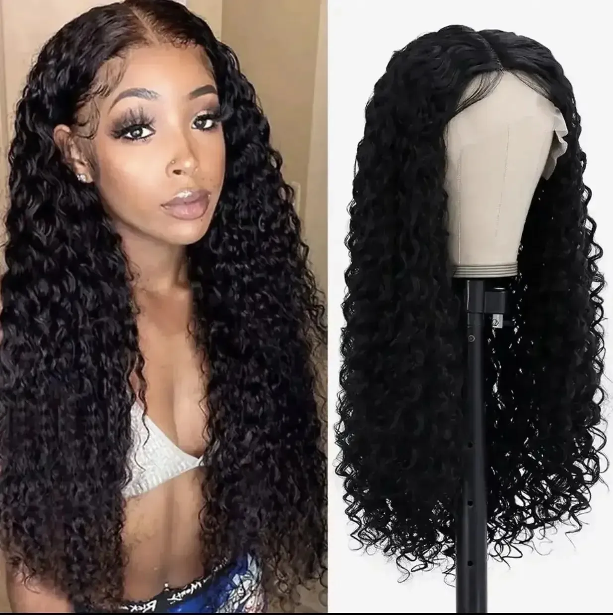 Lång lös Curly Deep Wave Spets Front Wig Heat Motent Synthetic Middle Part för kvinnor 240110