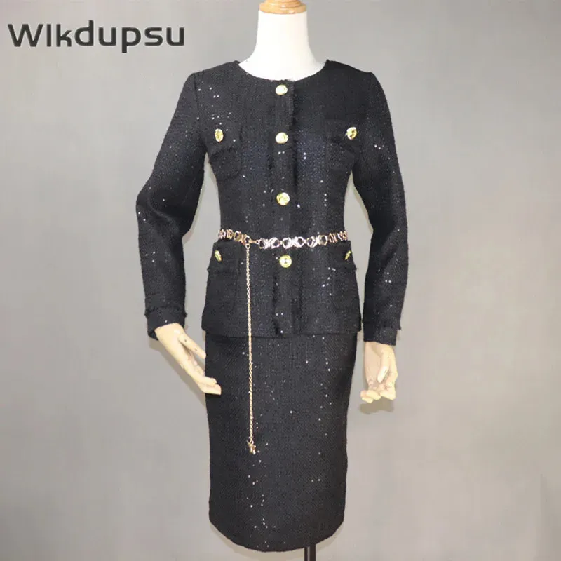 Tweed Jacket och kjol Set Women Vintage Elegant High Quality Runway Designer Autumn Winter Wool Coat Two Piece Suits Outfits 240109