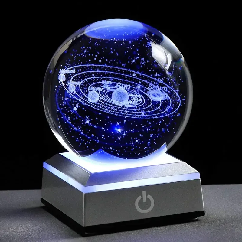 1 Stück kleine 3D-Sonnensystem-Kristallkugel mit LED-Sockel, Nachtlicht für Heimdekoration, Geschenk für Astronomie-Liebhaber