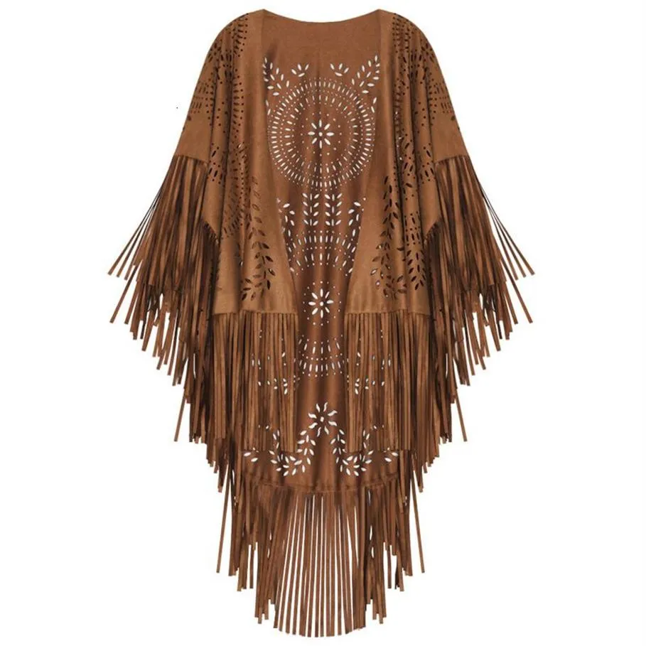 Sjalar kamel mocka blommor ihåliga ut fransar tassel sjal kvinnor vintage kappor ponchos höst bohemian cardigan mantel boho 230201241d