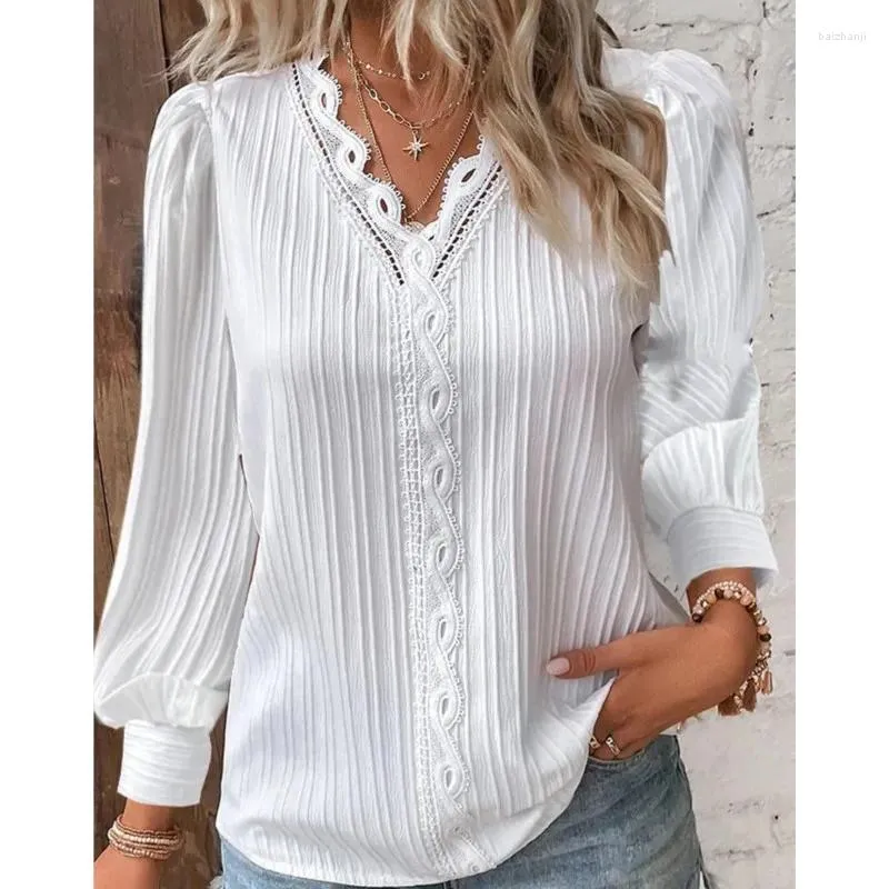 Damesblouses Modieus kanten shirt Zomer V-hals Minimalistisch Wit Top Lantaarn Trui met lange mouwen Casual elegante vrouwelijke kleding