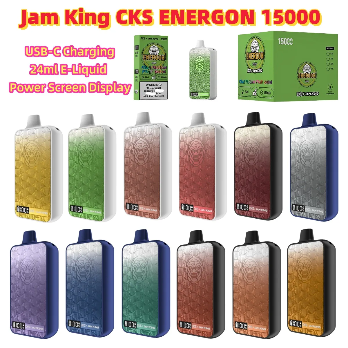 Cigarro eletrônico puff vape caneta Jam King CKS ENERGON 15000 puff vape descartável 24ml 650mah Power Screen Display USB-C suco sabor caixa vape armazém da ue