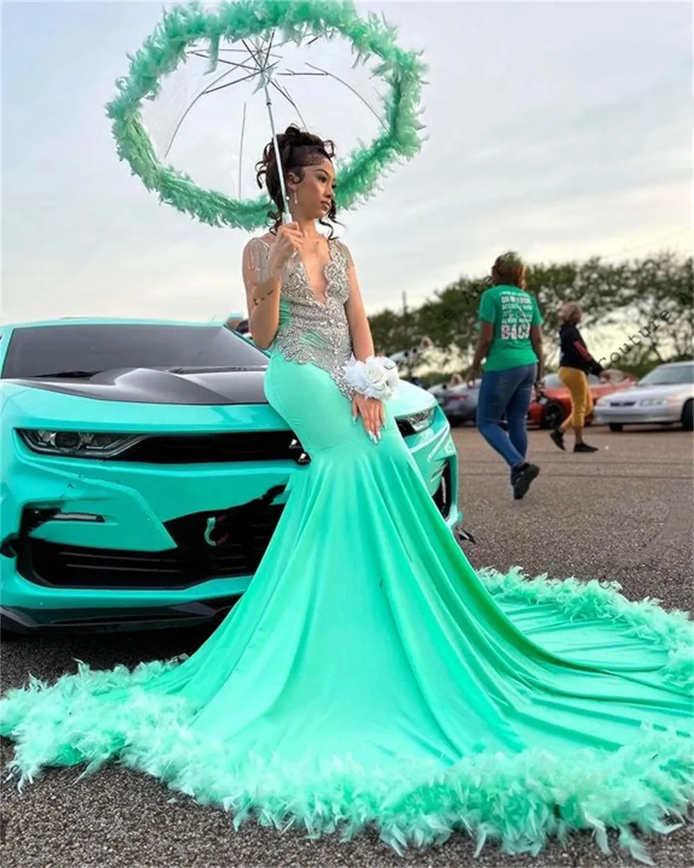 slim fit dress slacks [FINAL Sale]Luxury Pearls Mint Green Evening Dress with Cape SS378