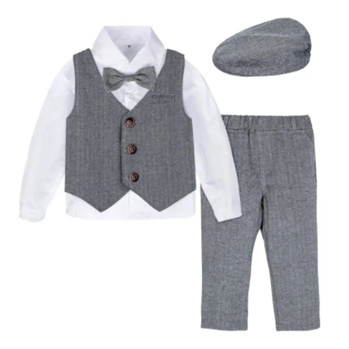 Costume formel pour bébé, blazer pour bébé, tenue de smoking pour homme en bas âge, cadeau d'anniversaire de mariage, ensemble de vêtements d'hiver à manches longues, 4 pièces, 240109