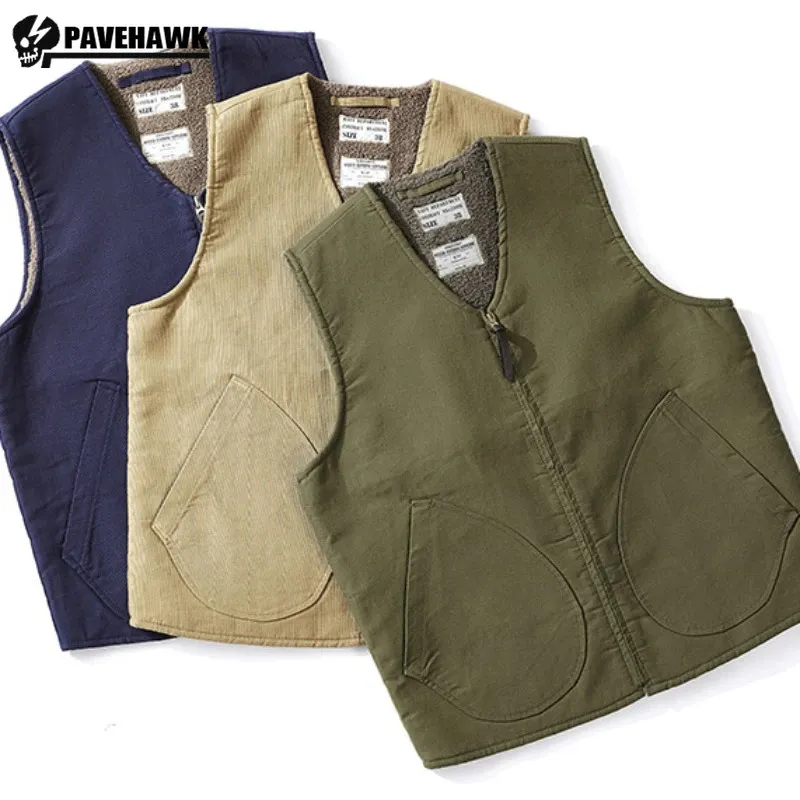 Warm Lamb Fleece Naval Tooling Vest Men Thicken Big Pocket Zipper Military Uniform Waistcoat Casual V-Neck Sleeveless Top 240110