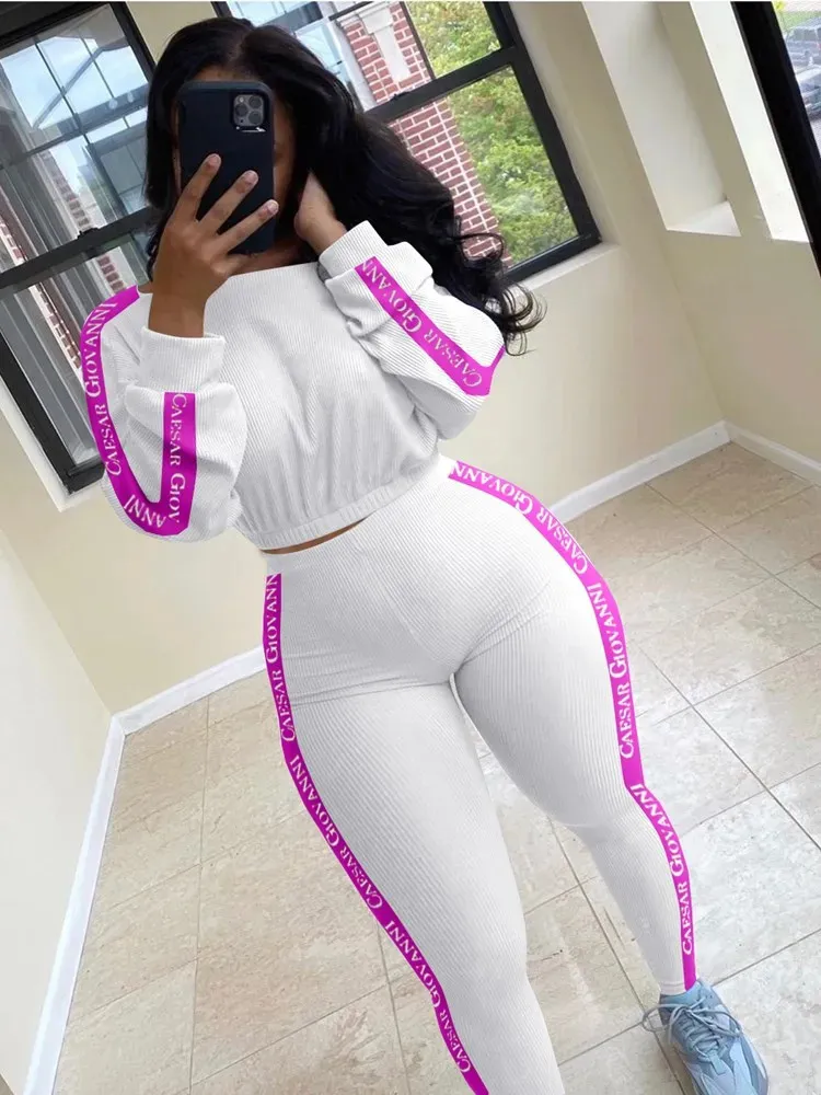 FQLWL Ribbed Knitted White Pink 2 Two Piece Set Women Outfits Bodycon Long Sleeve Crop Top Leggings Women Tracksuit Matching Set 240109