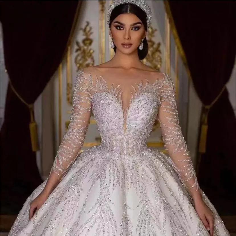 Lace Turkish White Wedding Dress Princess Diana Princess Wedding Daytime Wedding  Dress Bride Long Sleeves Luxury