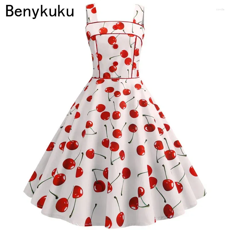 Casual Dresses Sexy Vintage Cherry Print Summer Dress Women 2024 Retro Spaghetti Strap Party 50s 60s Pin Up Rockabilly Robe Femme